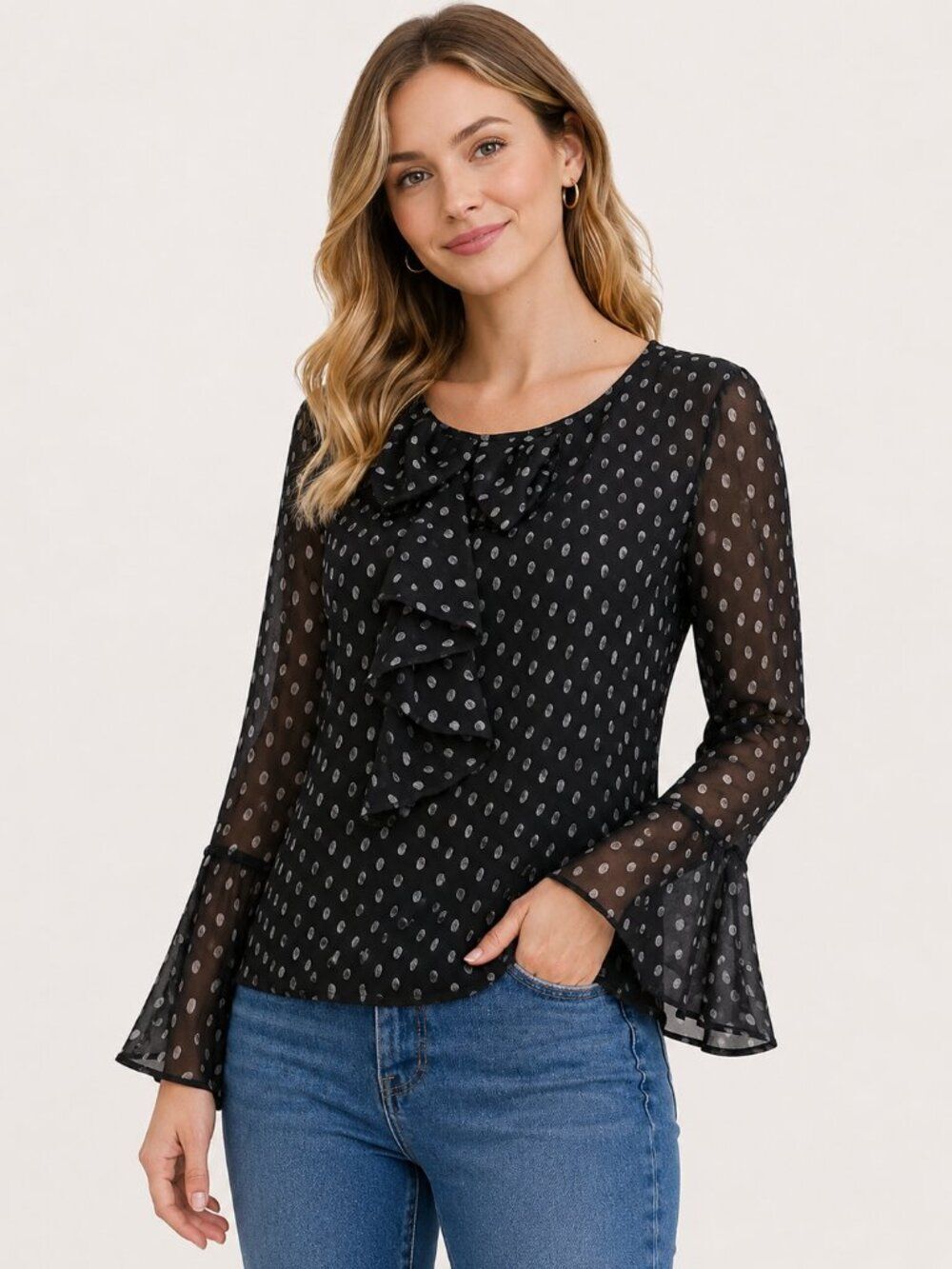 Black Bow Blouse XS | Metallic Polka Dot Ruffle Workwear Top - Picture 2 of 7